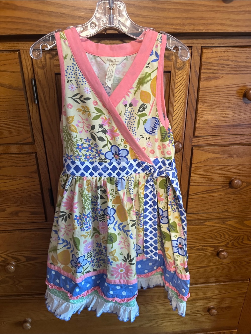 Matilda Jane Yellow Floral Wrap Dress with Pink Trim and Blue Tie